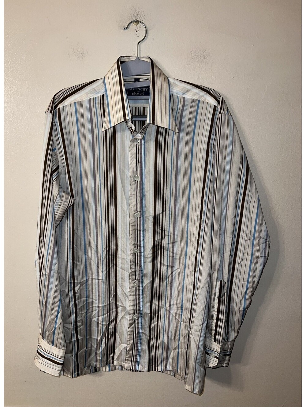 Vintage Givenchy For Chesa Shirt Mens Medium Dagger Collar Disco Shiny Polyester